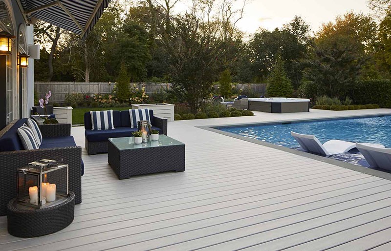 gray wooden pool deck
